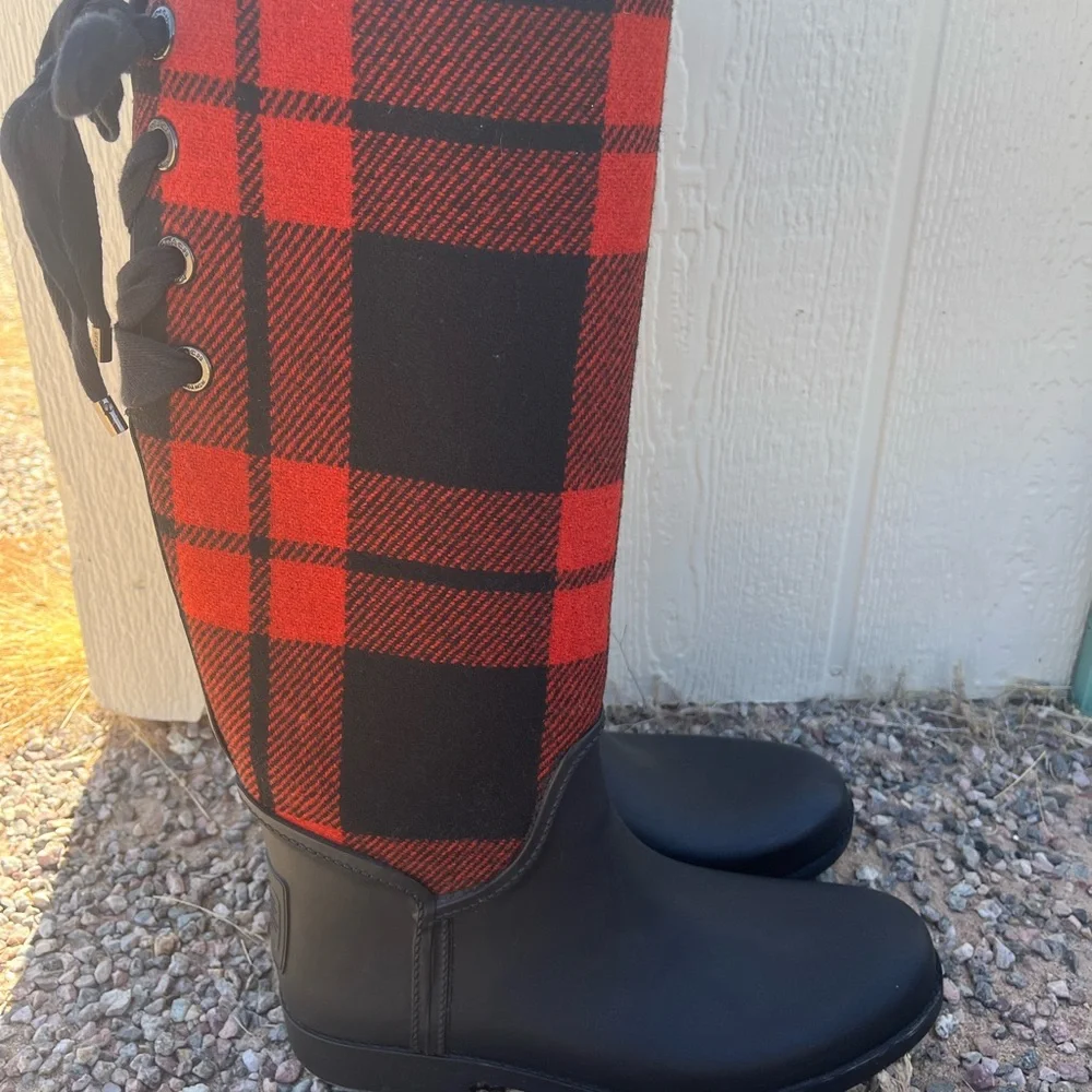 Coach Tristee Rain Boots Red Black Plaid Rubber Boots Women’s Size 9